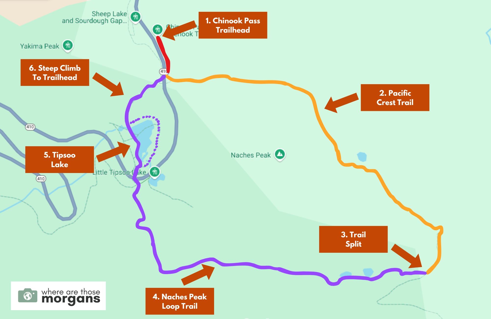 Hiking route map for Naches Peak Loop Trail created by Where Are Those Morgans