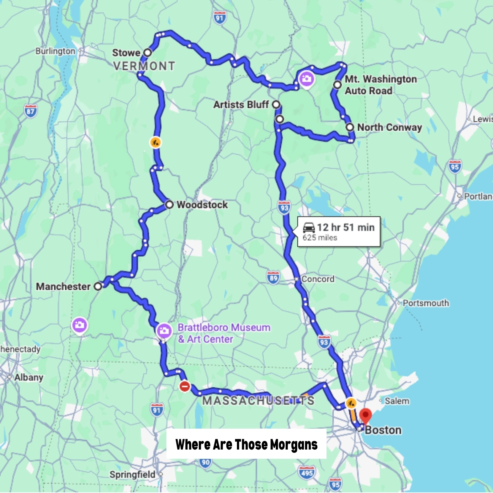 Google Maps screenshot of a route map for a New England fall foliage road trip