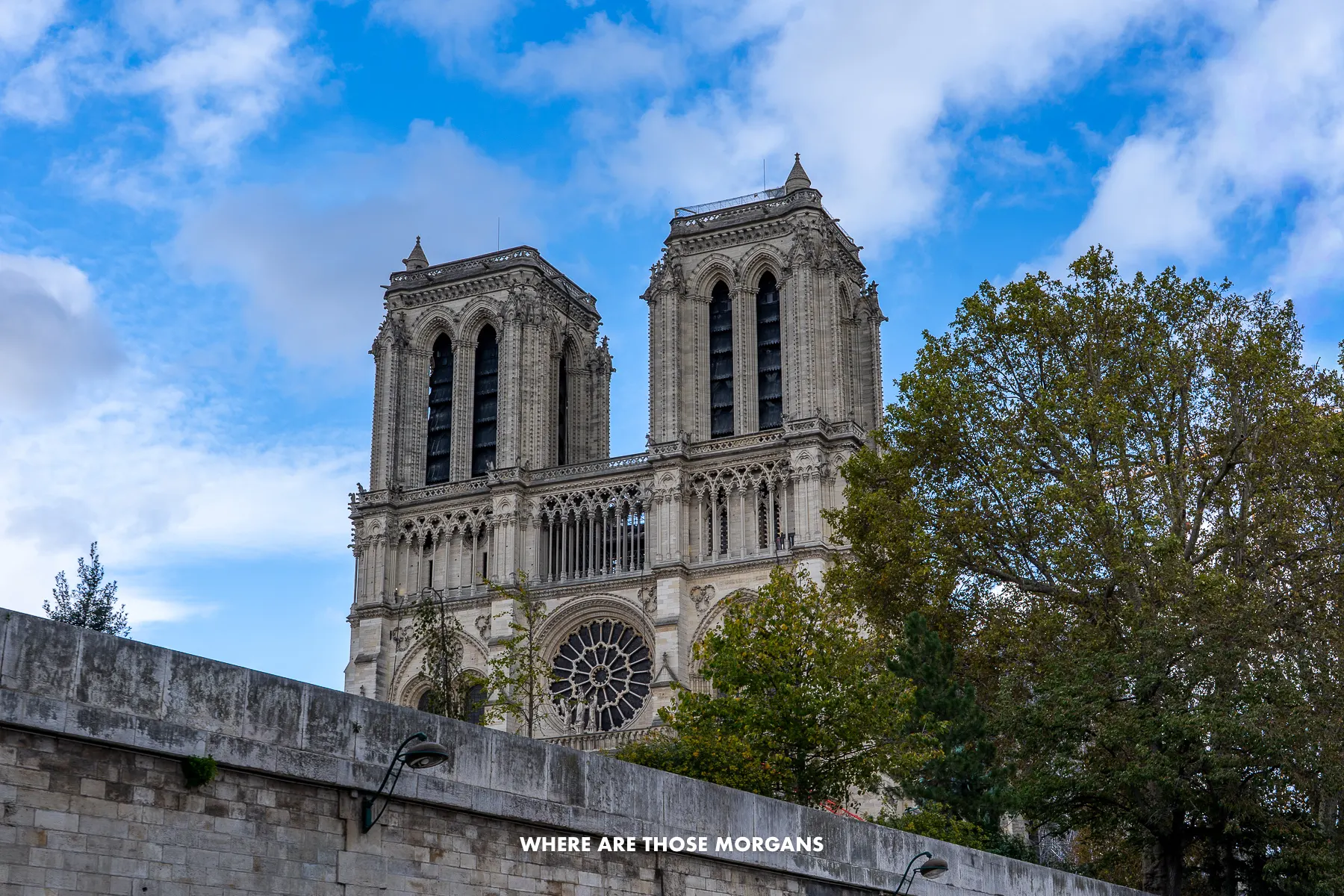 Photo of Notre-Dame cathedral in Paris taken from the Seine on a cruise looking up at the front and side