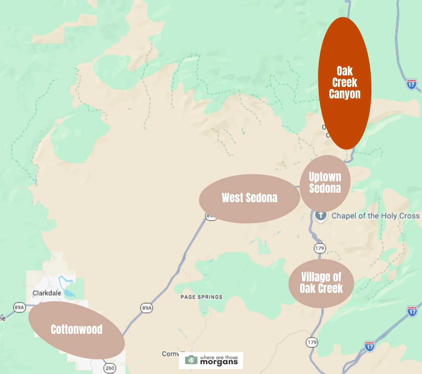 Map showing the location of Sedona's Oak Creek Canyon neighborhood compared to other areas first timers typically stay nearby
