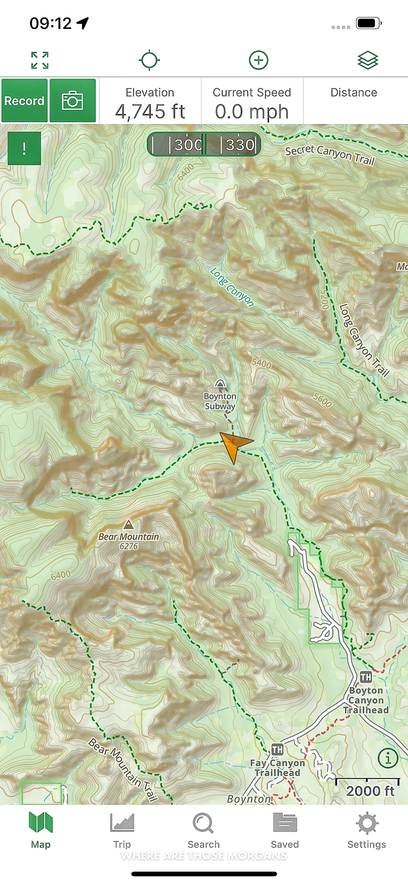 Gaia GPS map screenshot showing a live location at the Subway Cave spur trail turnoff