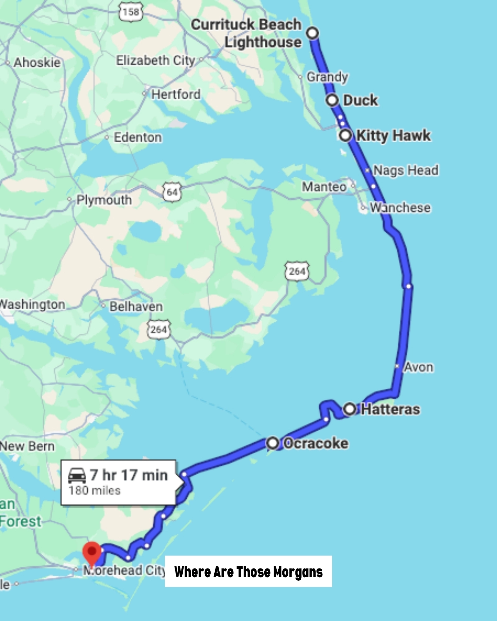 Google Maps screenshot of a route map for a Outer Banks scenic byway road trip