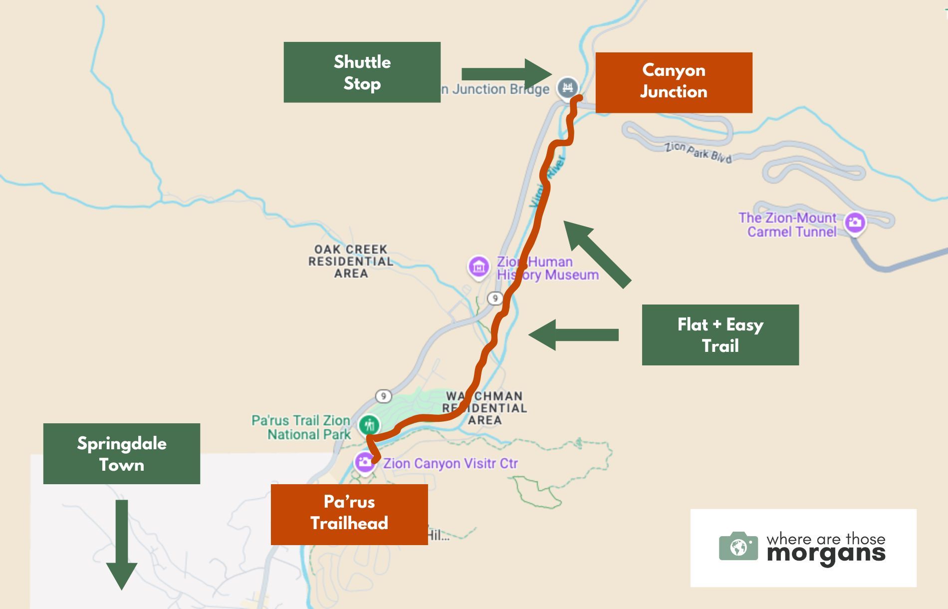 Route map showing the Pa'rus Trail hike in Zion National Park by Where Are Those Morgans