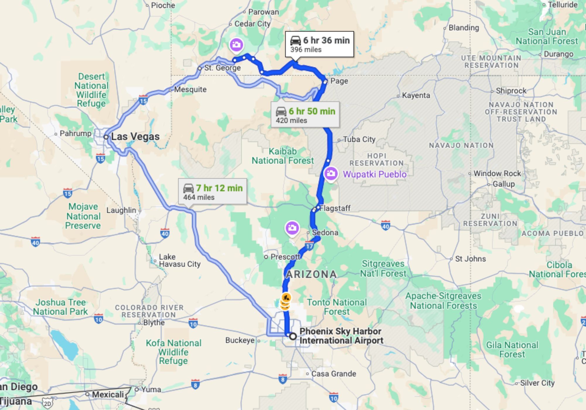 Screenshot of a Google Maps route from Phoenix airport to Zion