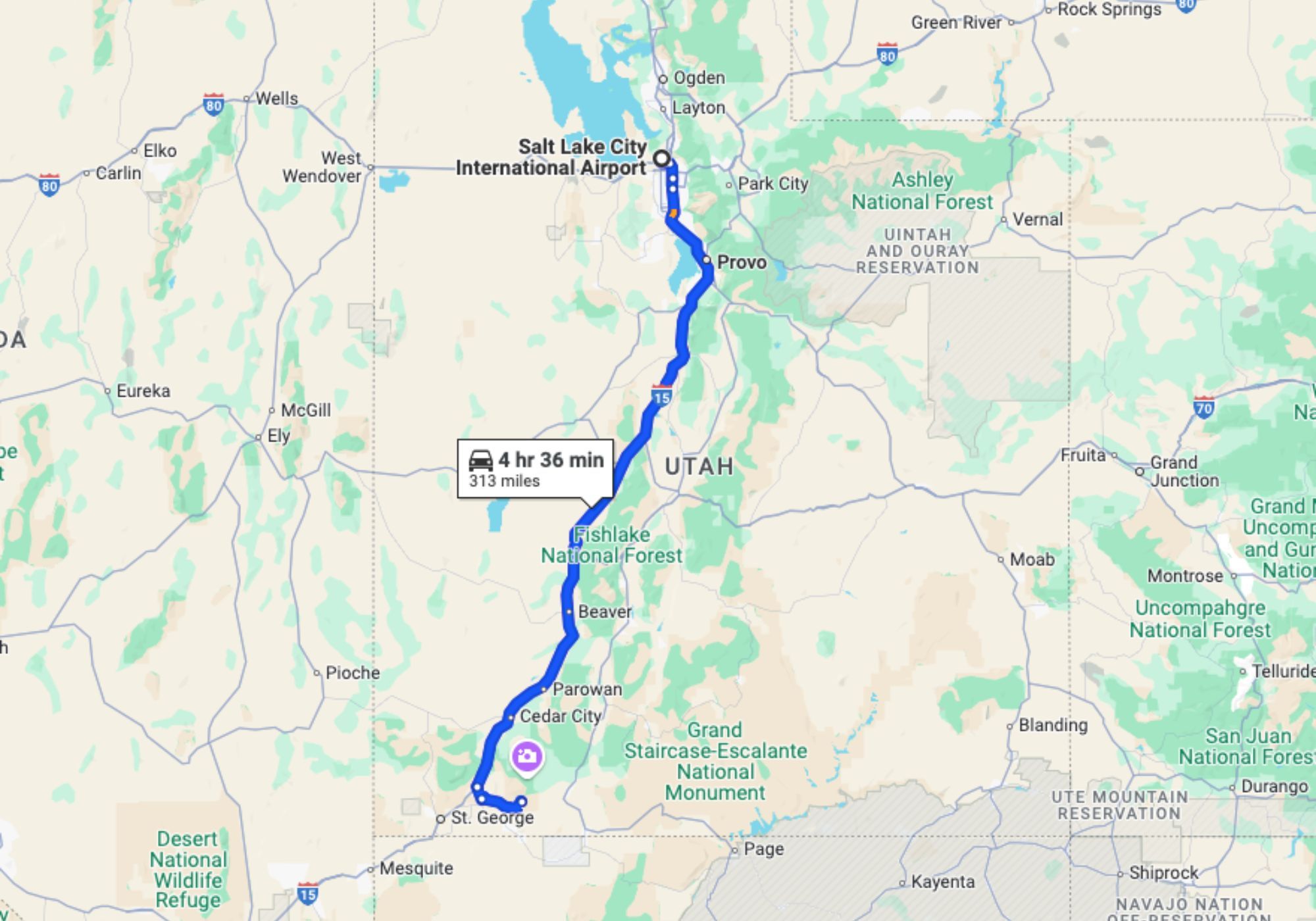 Screenshot of a Google Maps route from Salt Lake City airport to Zion