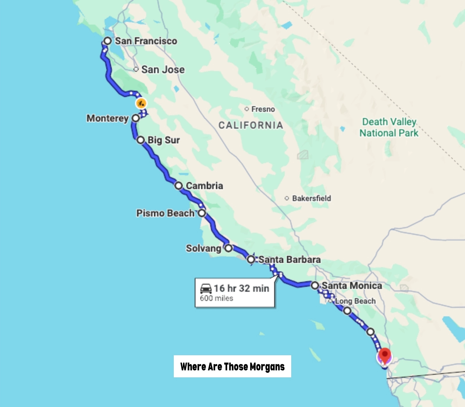 Google Maps screenshot of a route map for a San Francisco to San Diego road trip