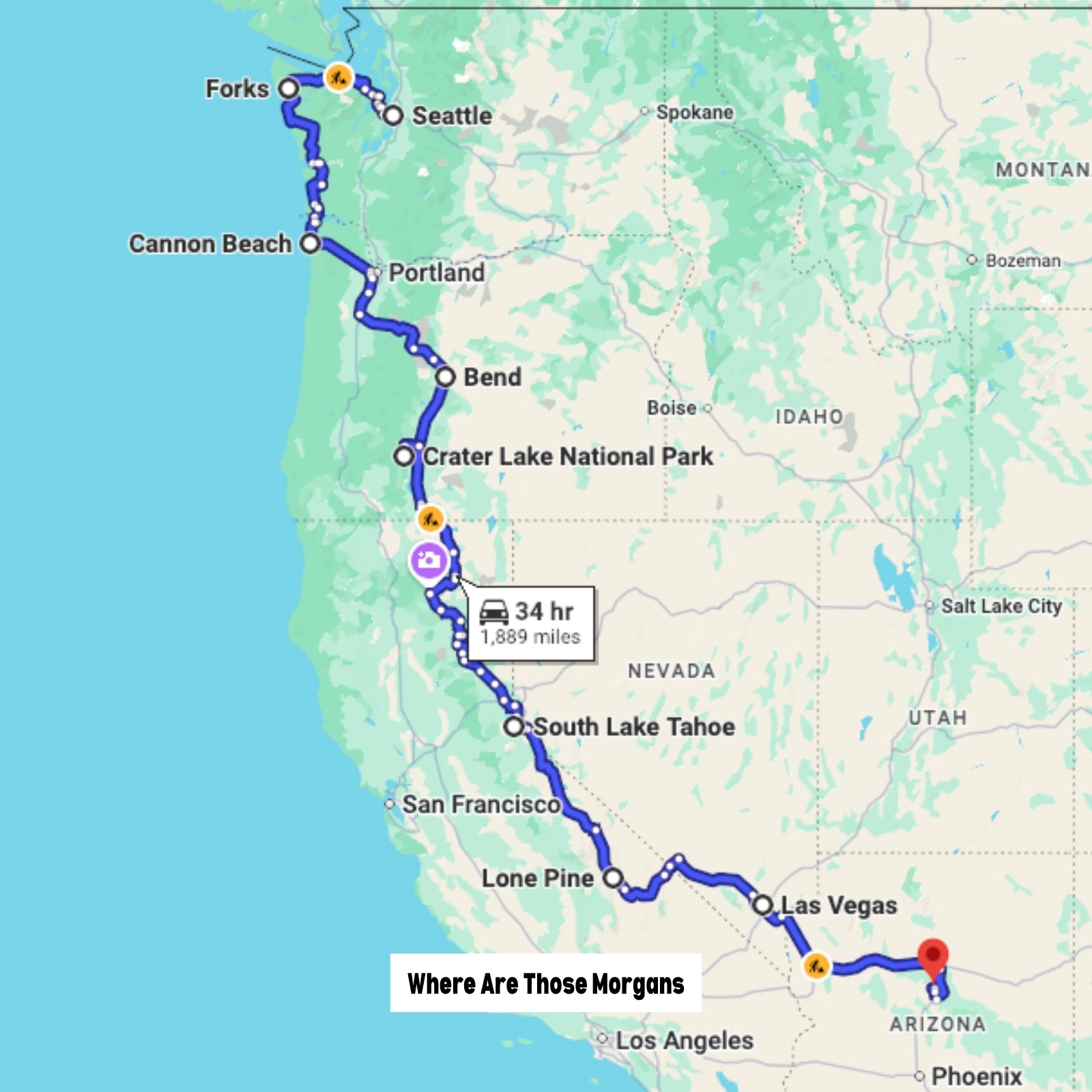 Google Maps screenshot of a route map for a Seattle to Sedona road trip