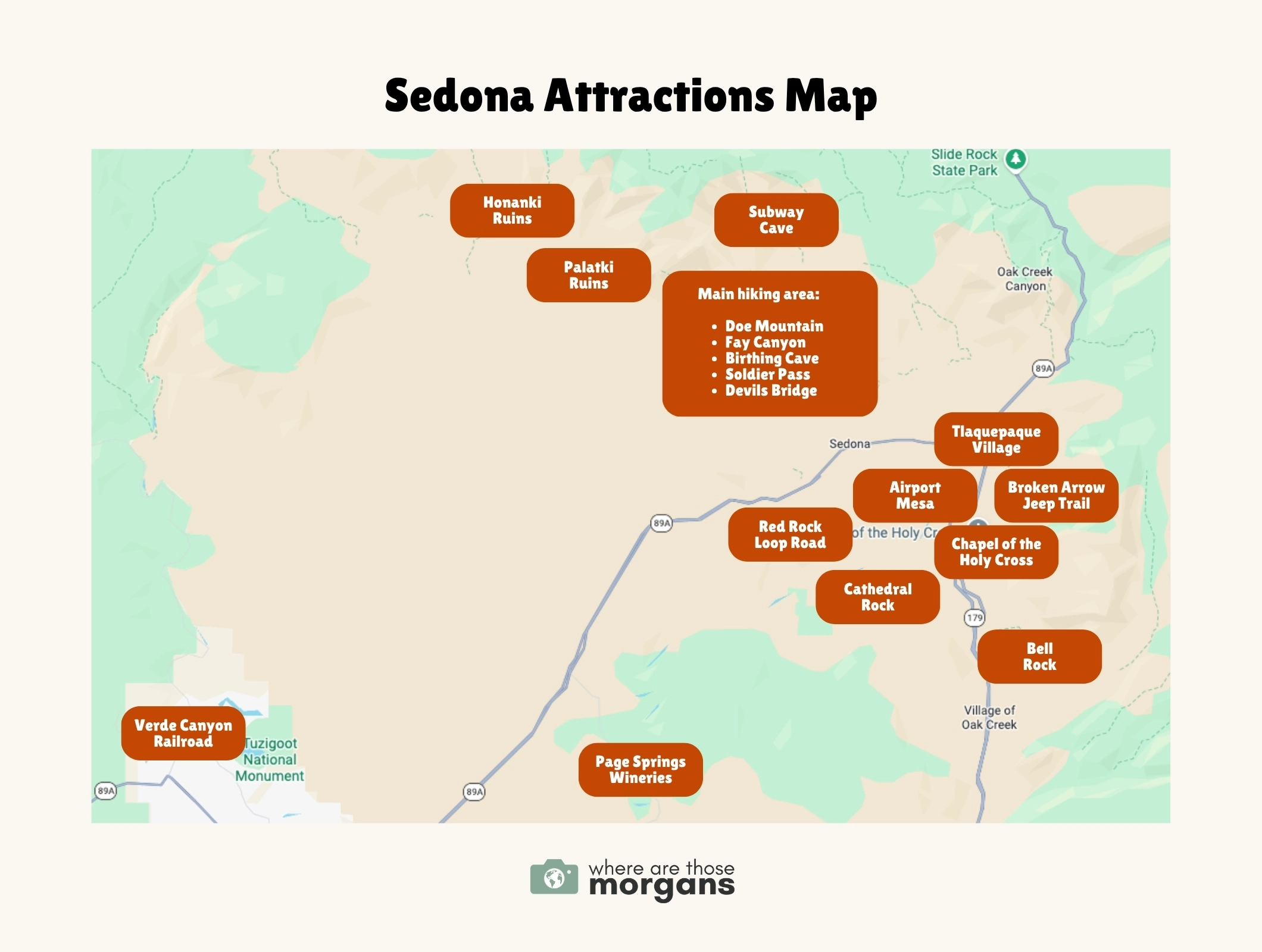 Screenshot of a Sedona AZ map with orange color blocks and white text showing the locations of the top attractions around the city for first timers to visit, created by Where Are Those Morgans