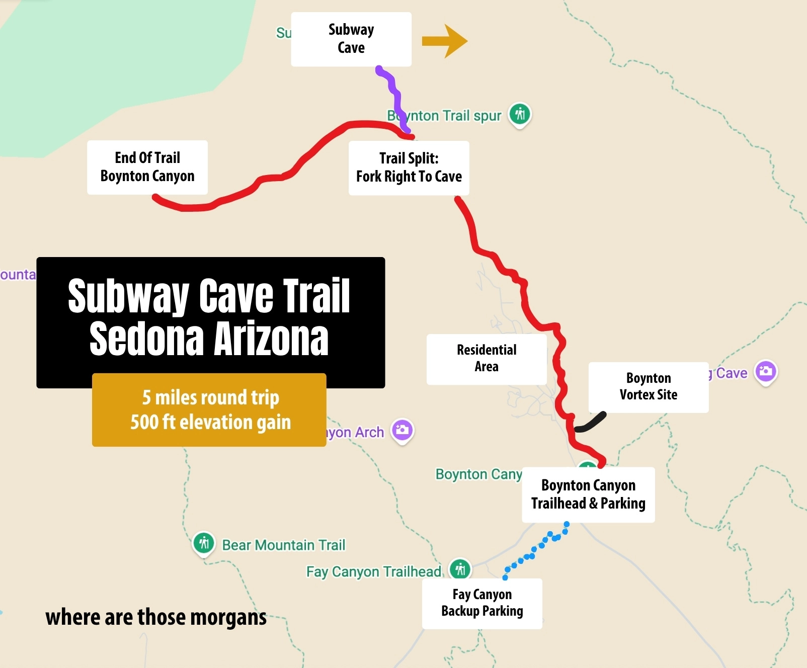 Screenshot of a map showing the Subway Cave Trail in Sedona with annotations and boxes with text to show directions from trailhead to the cave, created by Where Are Those Morgans