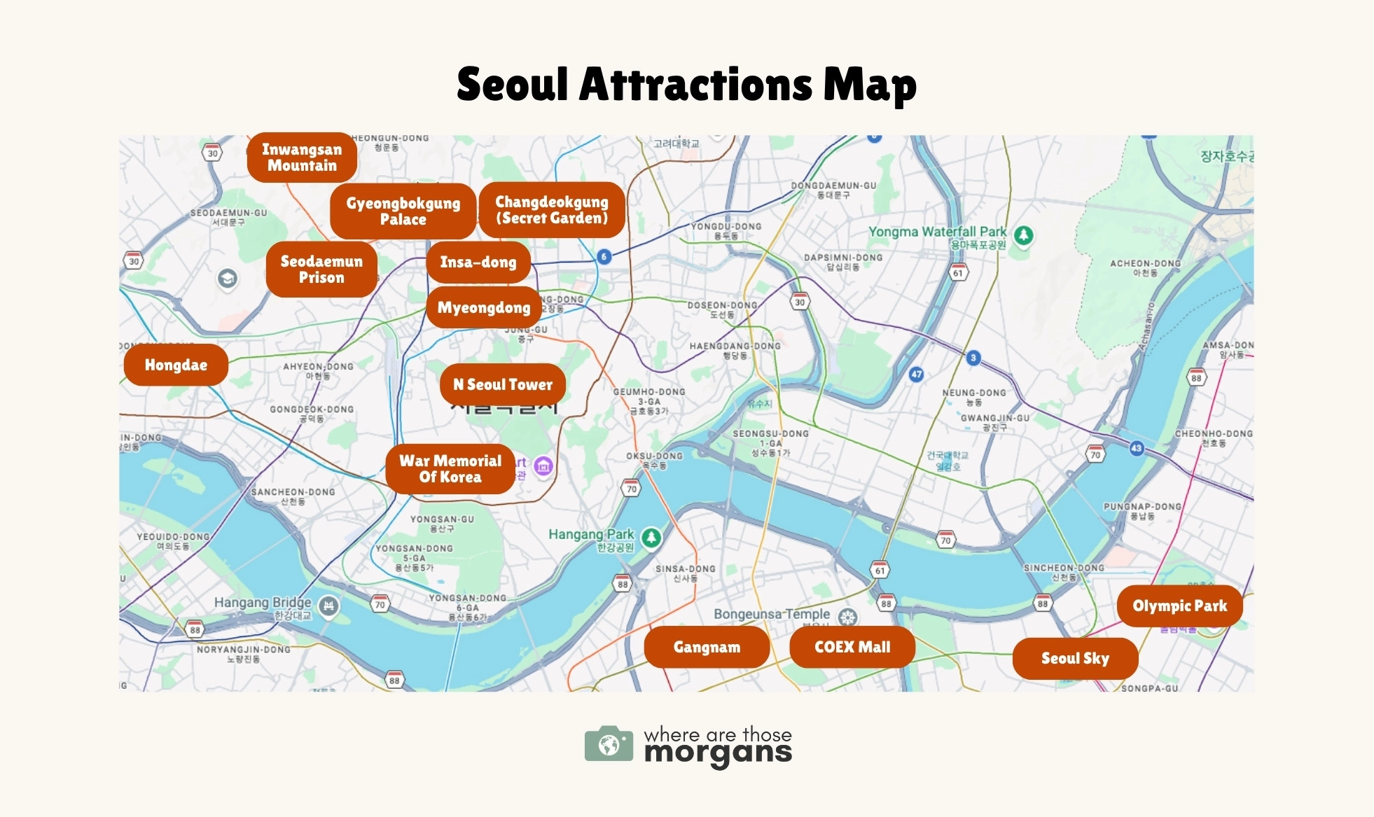 Map showing the locations of top attractions spread across the city of Seoul, South Korea