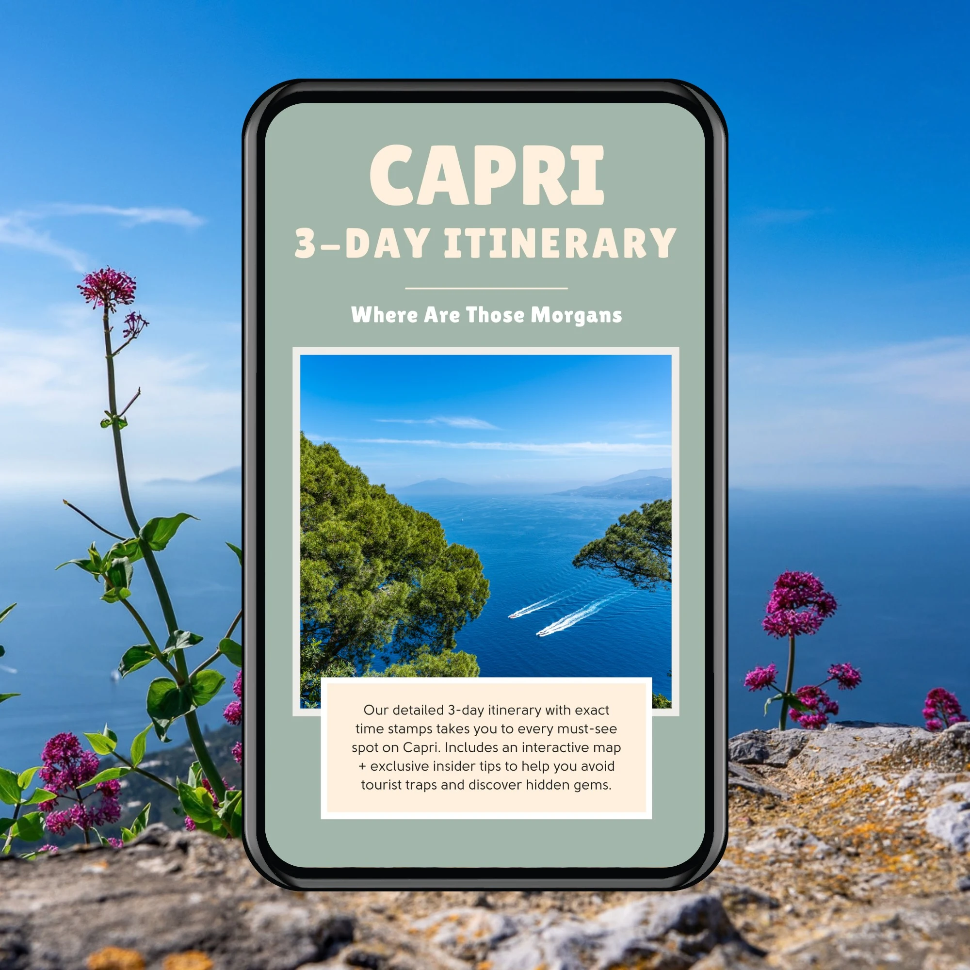Photo of Capri with a smartphone showing a Capri guidebook sold by Where Are Those Morgans