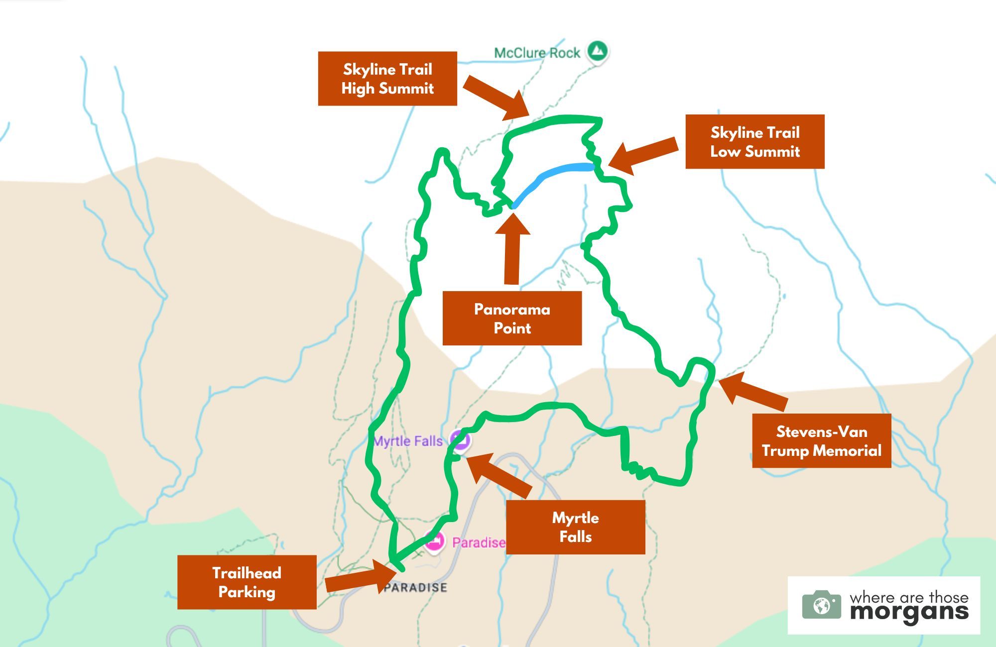 Hiking route map for the Skyline Loop Trail in Mt Rainier created by Where Are Those Morgans