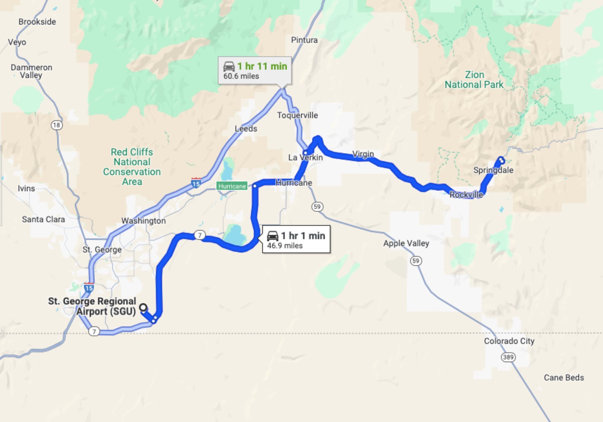 Screenshot of a Google Maps route from St George airport to Zion main visitor center