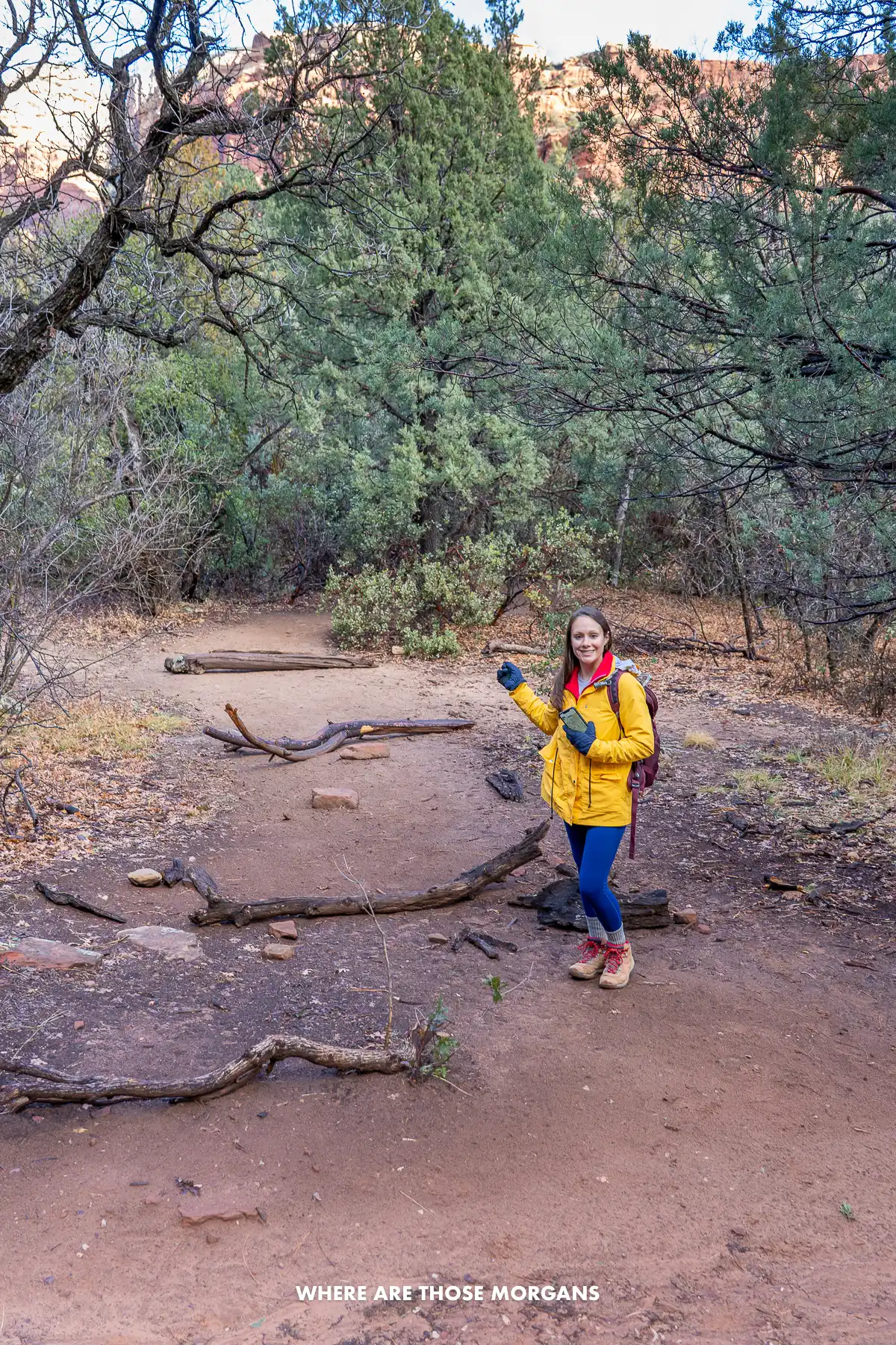 Kristen from Where Are Those Morgans pointing the way to Sedona Subway Cave from Boynton Canyon Trail through a series of small logs on the ground