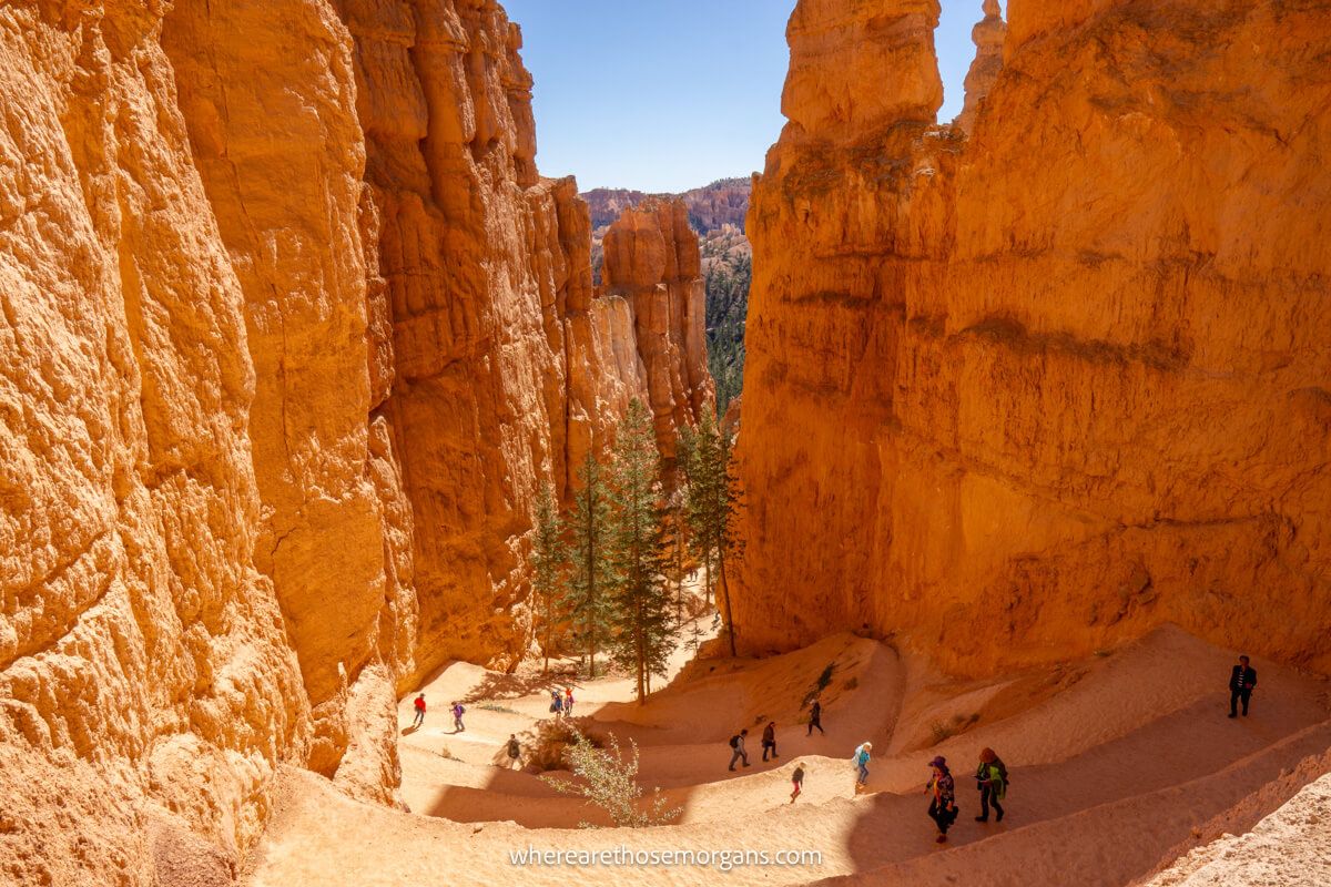 Photo looking down through a narrow canyon with tall walls to either side and a long series of switchbacks with hikers going up and down