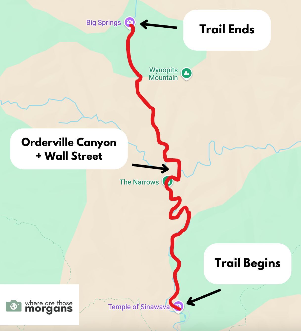 Route map for the bottom up day hike through The Narrows in Zion created by Where Are Those Morgans