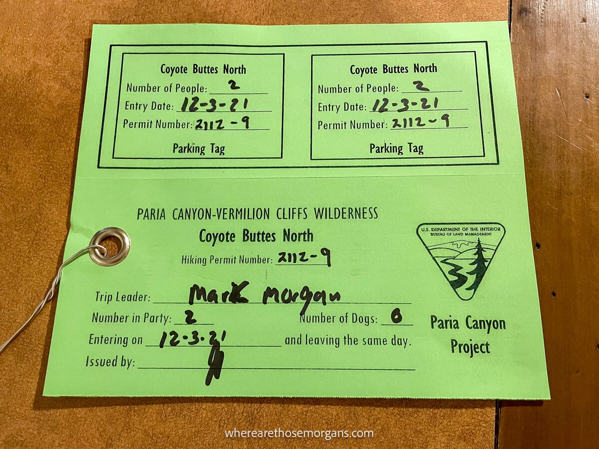 Photo of a green hiking permit for The Wave in Arizona