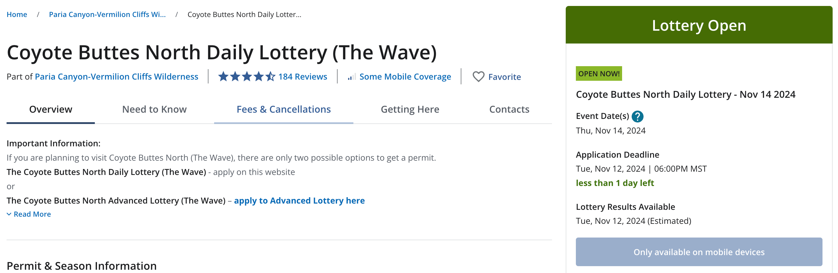 Screenshot photo of the daily lottery process for winning a permit to hike The Wave in Arizona