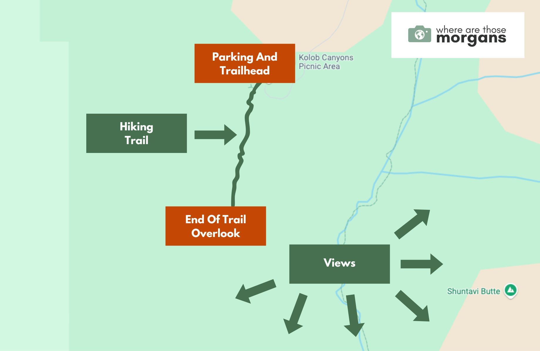 Hiking route map for Timber Creek Overlook Trail in Zion created by Where Are Those Morgans