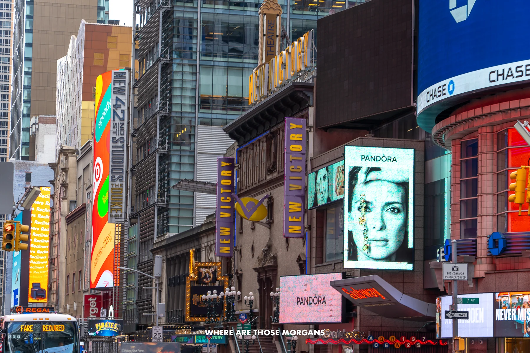 Flashing lights and advertisements in Times Square