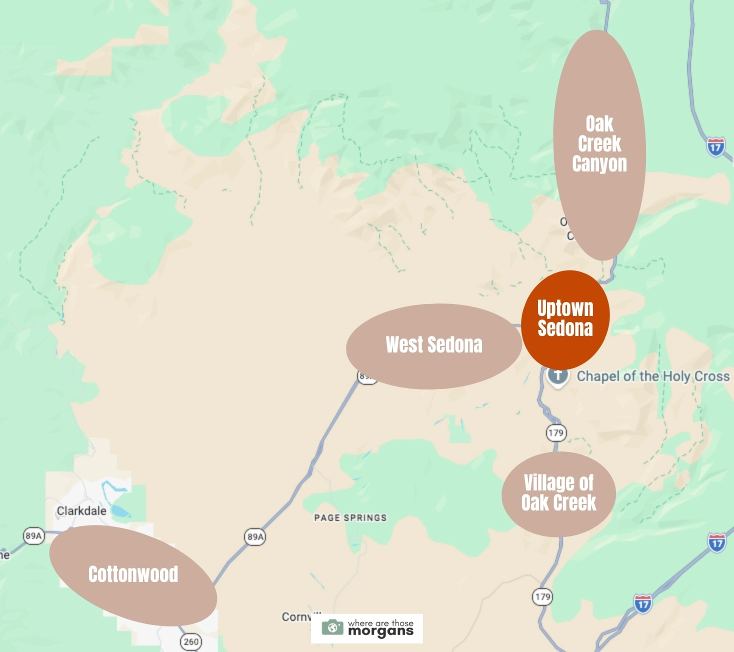 Map showing the location of the Uptown Sedona neighborhood compared to other areas first timers typically stay nearby