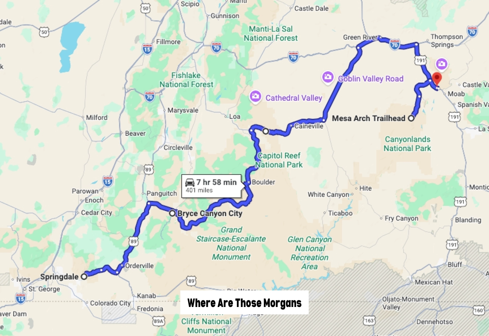 Google Maps screenshot of a route map for a Utah Mighty 5 national parks road trip