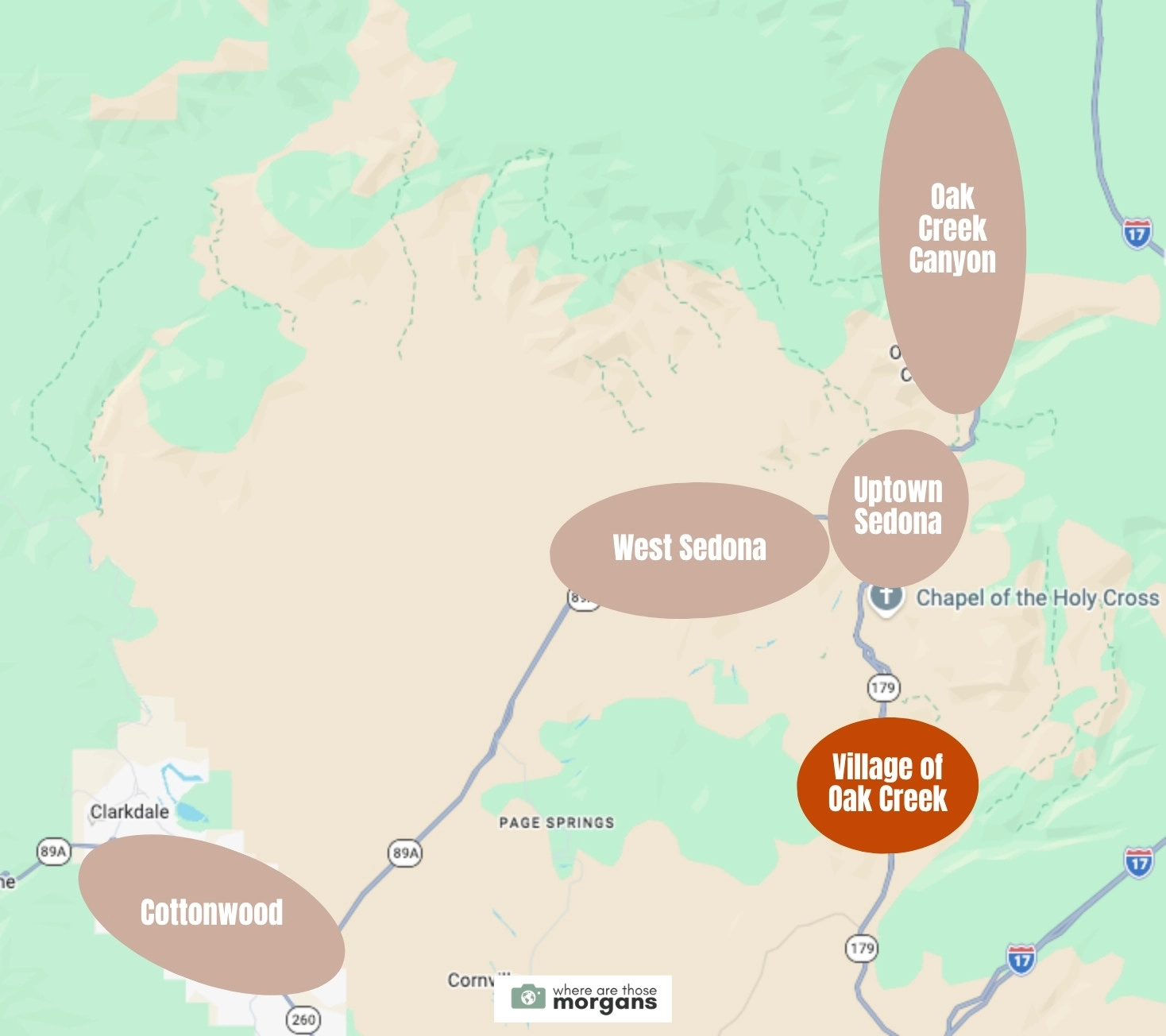 Map showing the location of Sedona's Village of Oak Creek neighborhood compared to other areas first timers typically stay nearby