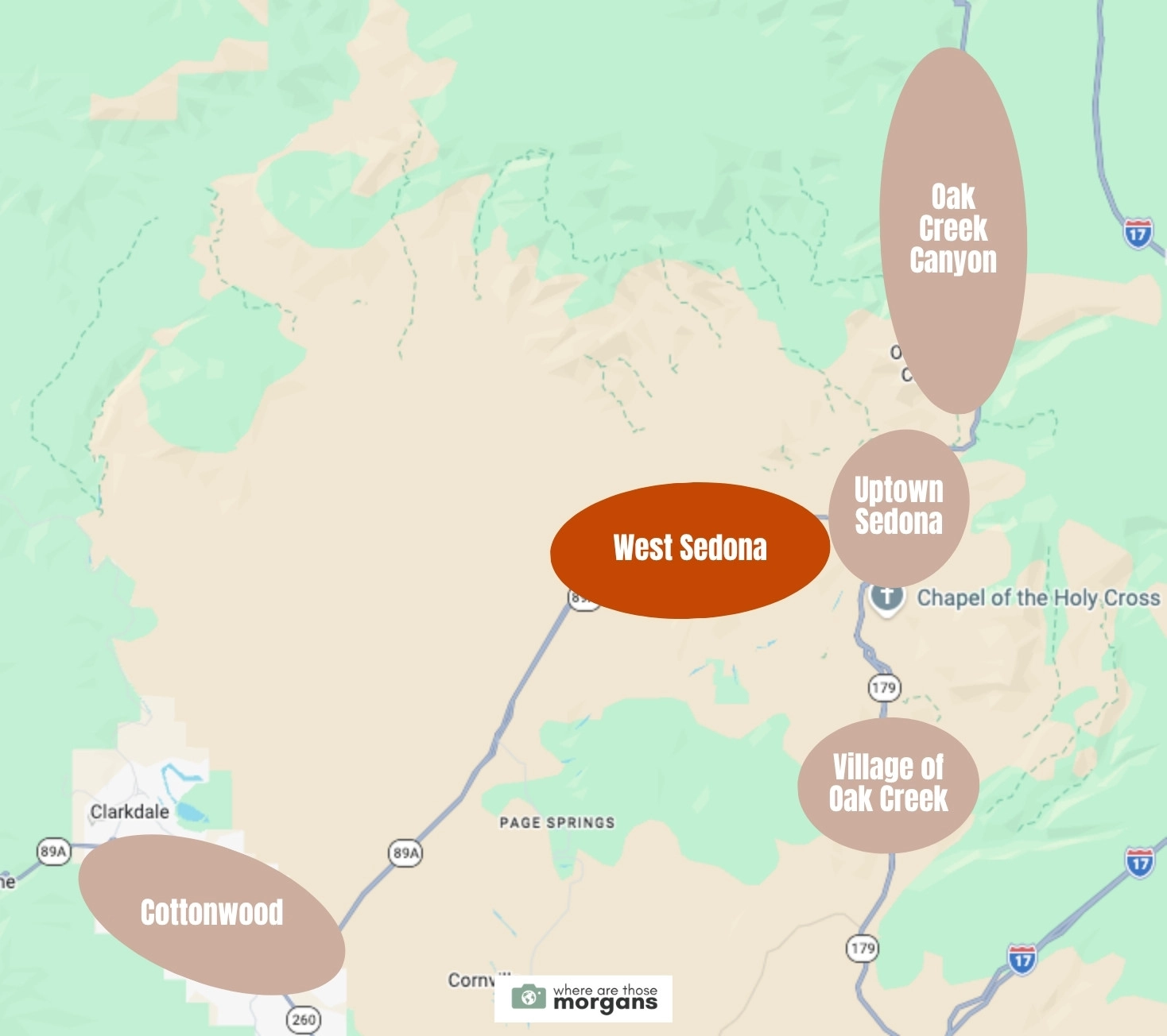 Map showing the location of the West Sedona neighborhood compared to other areas first timers typically stay nearby