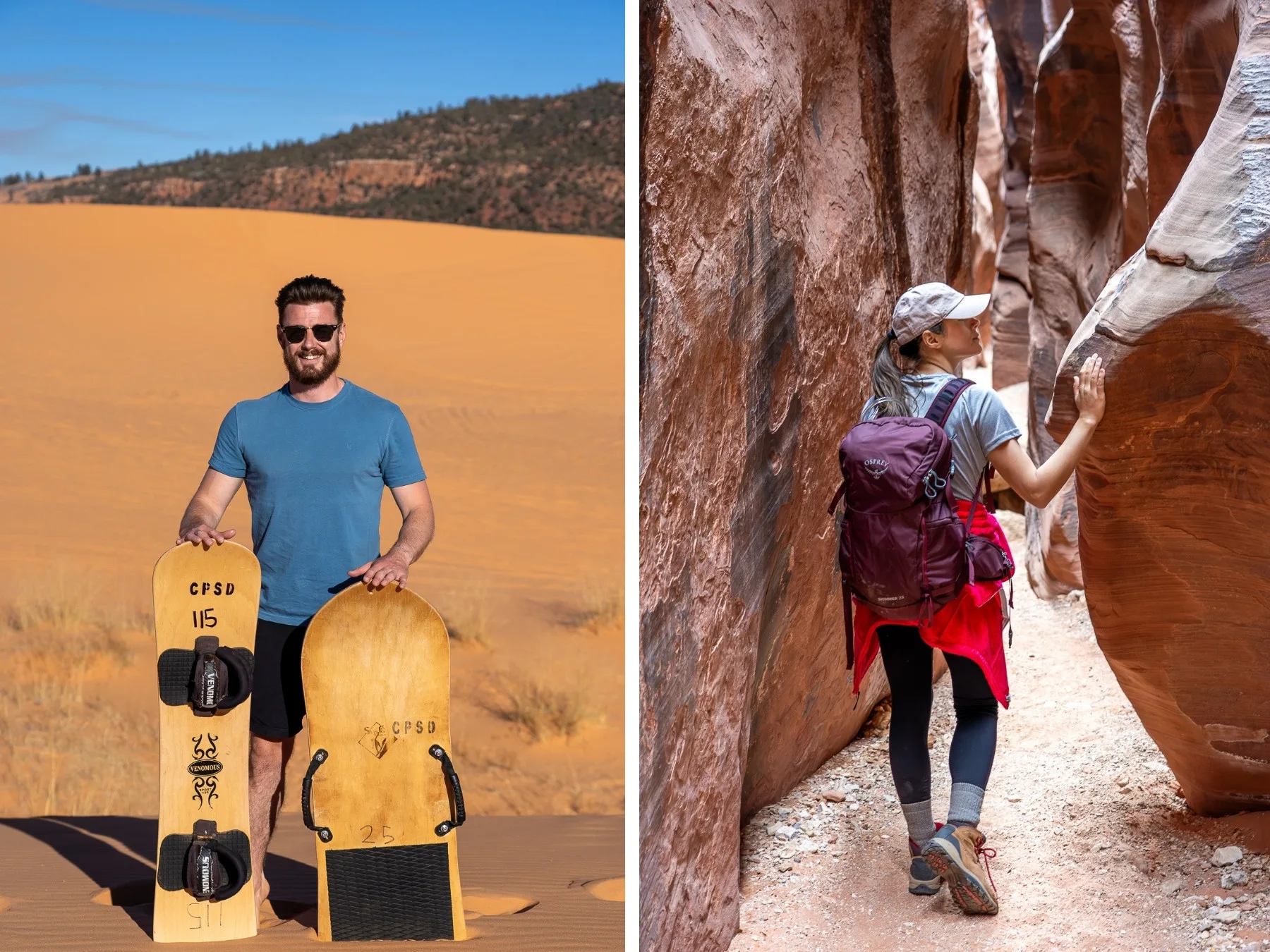 Split photo of Mark and Kristen from Where Are Those Morgans - Mark holding two wooden boards in a massive sand dune, and Kristen walking through a narrow slot canyon - near Kanab Utah