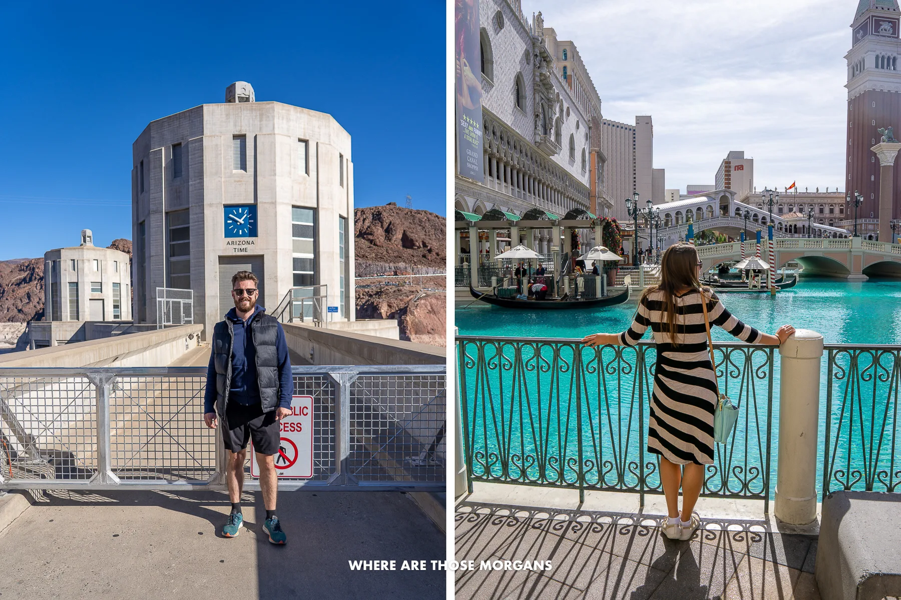 Two photos showing Mark and Kristen from Where Are Those Morgans at the Hoover Dam and Venetian on a trip to Las Vegas