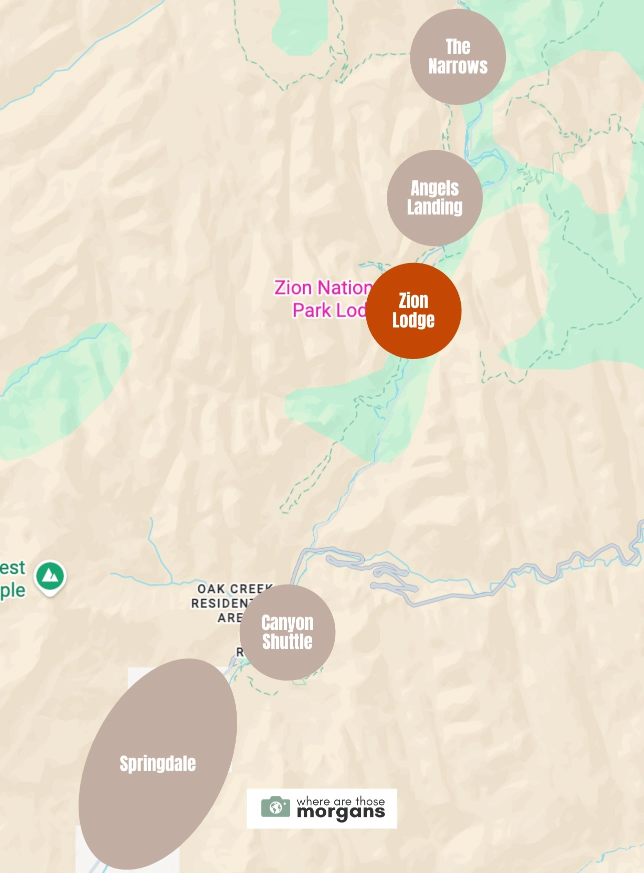 Map showing the location of Zion Lodge in relation to Angels Landing and The Narrows, Zion's main canyon shuttle and the town of Springdale