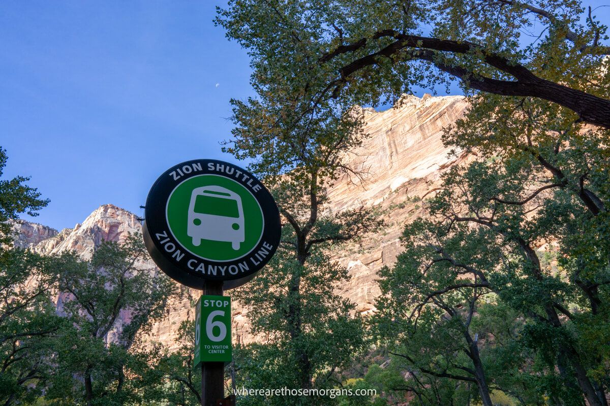 Photo of a shuttle stop called The Grotto in Zion surrounded by trees and tall red rock canyon walls on a clear day